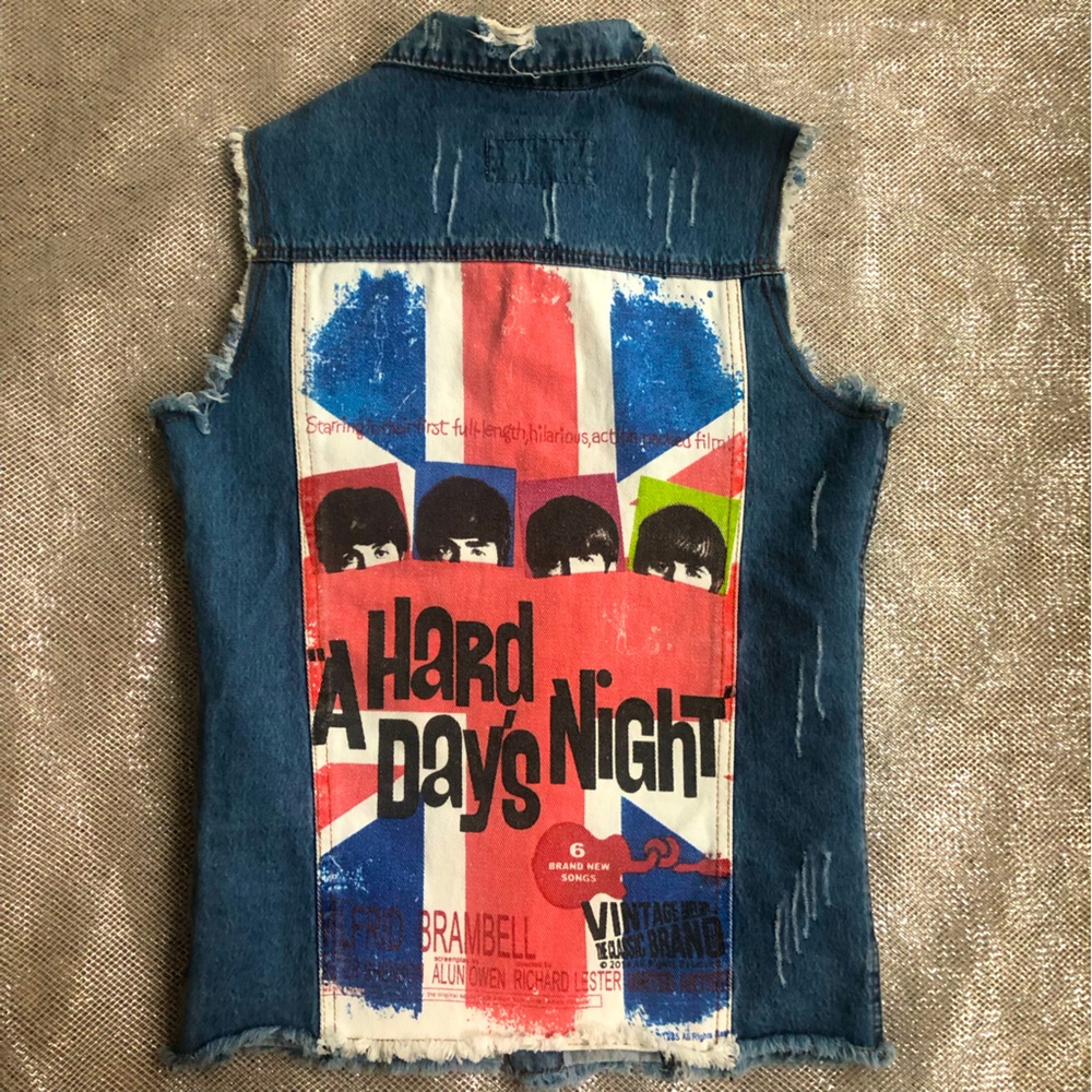 The Beatles Distressed Graphic Denim Vest Classic Vintage small Discounted Ship
